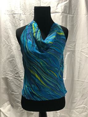 Sandra turquoise 100% silk sleeveless blouse cowl neck women's size 4P